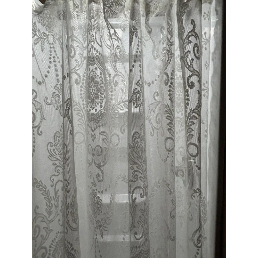 Romantic Cottage Ivory Floral Garlands Lace Curtains Scalloped Edge 2 Panels